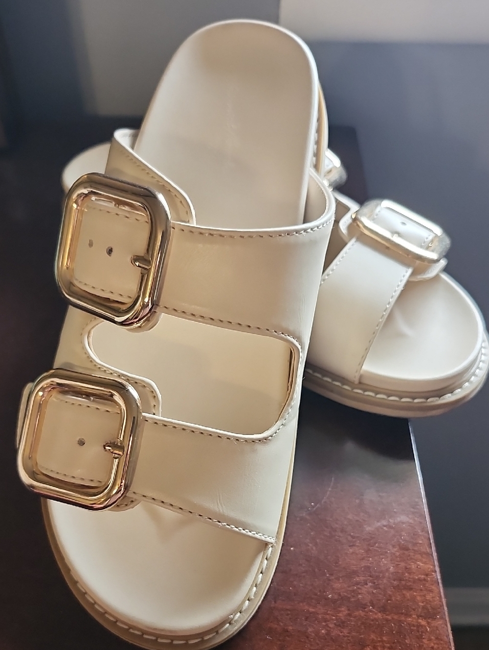 Universal THREAD Cream Slide Sandals with Gold Buckles WOMENS Size 7